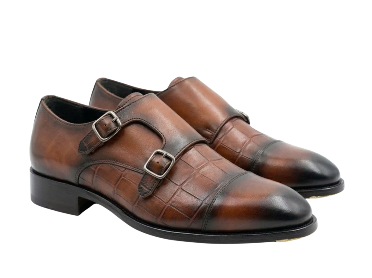 Tan Brown Croco Monk Straps The Loafers