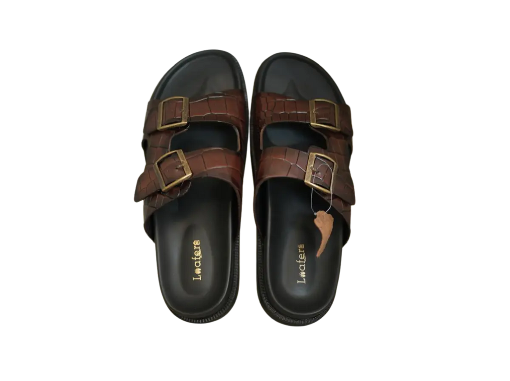 Brown Croco Sliders Loafers