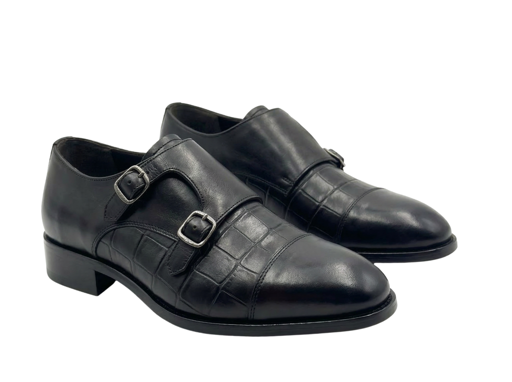 Black Croco Double Monk Strap The Loafers