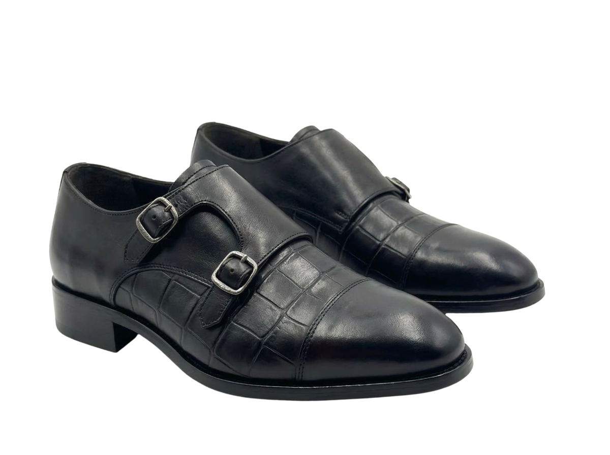 Black Croco Double Monk Strap The Loafers