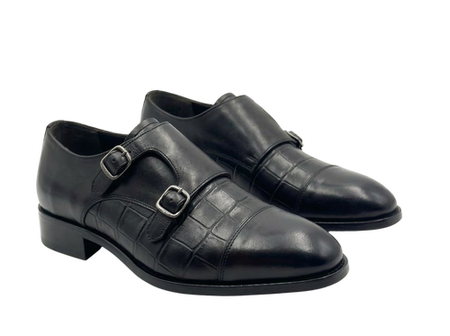 Black Croco Double Monk Strap The Loafers