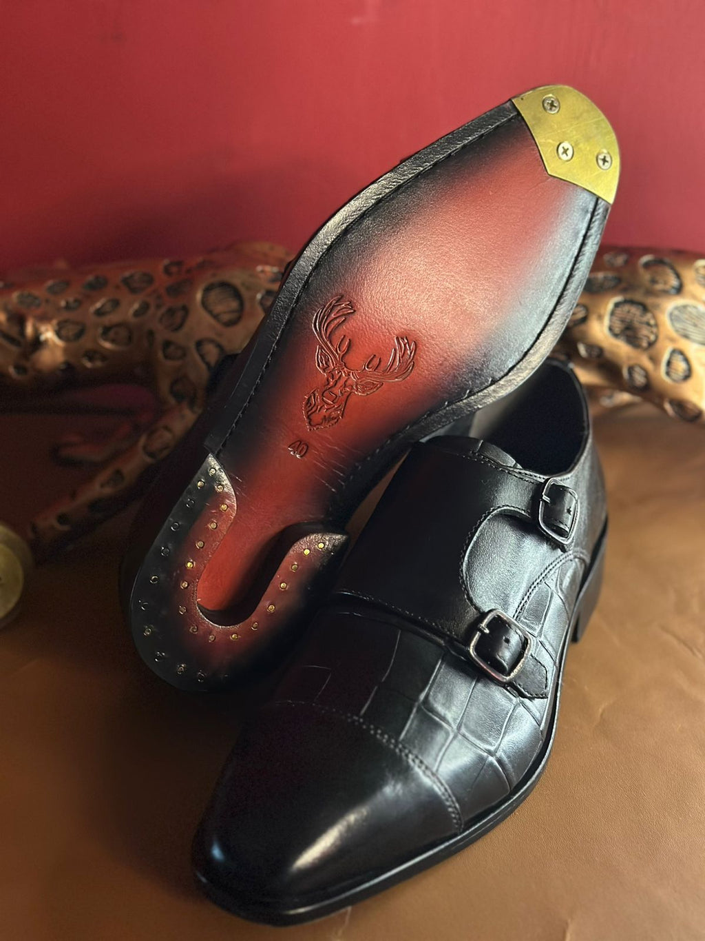 Black Croco Double Monk Strap The Loafers