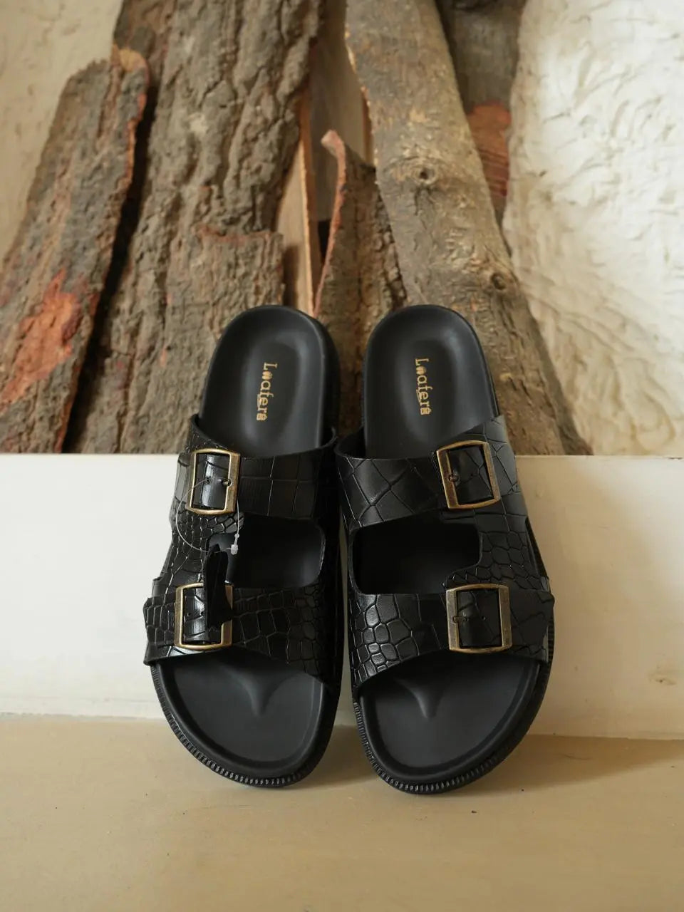 Black Croco Sliders Loafers