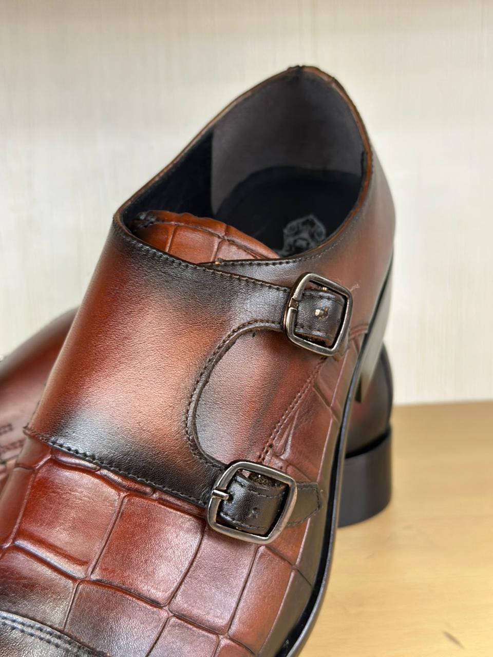 Tan Brown Croco Monk Straps The Loafers