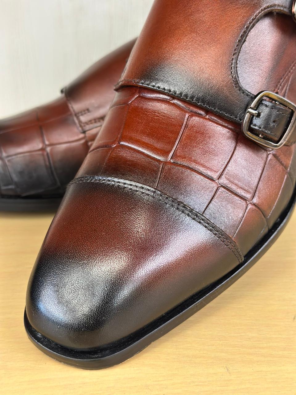 Tan Brown Croco Monk Straps The Loafers