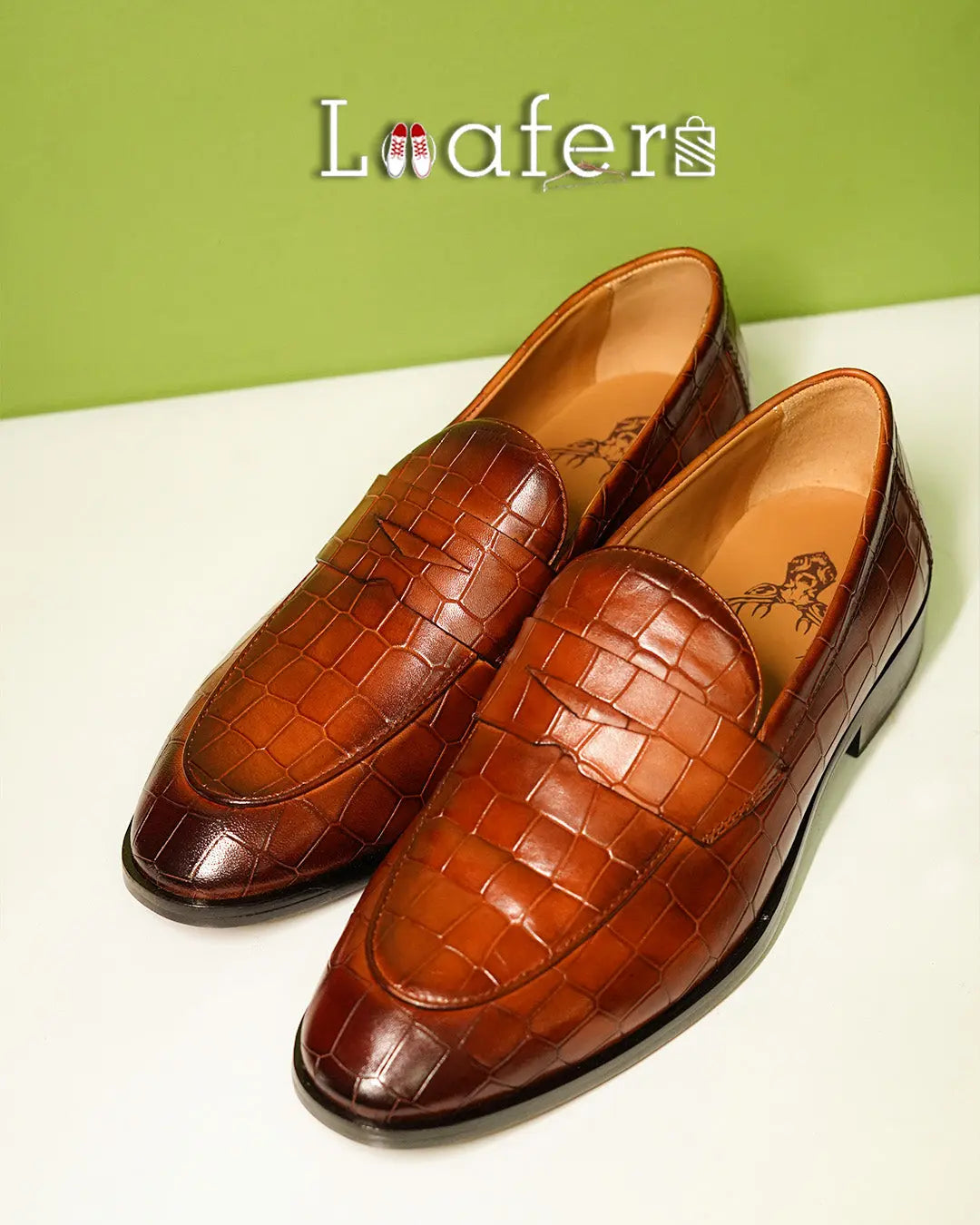 Tan Luxe Croco Print Loafers Loafers